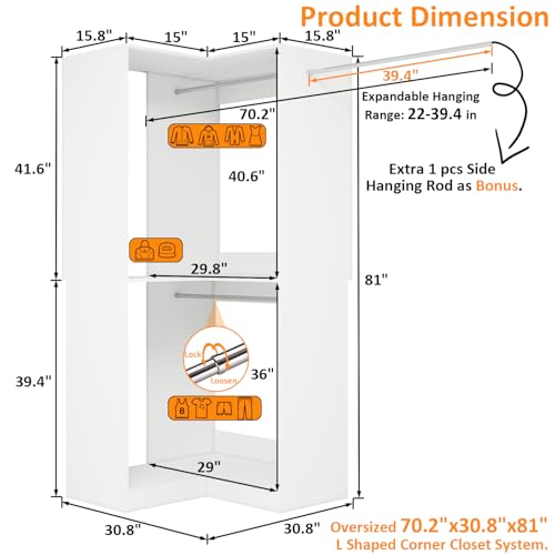Vomavex Corner Closet System with 3 Hanging Rods, 30.8”-70.2” L Shaped Freestanding Closet Organizer for Walkin Closet, Corner Wardrobe, White