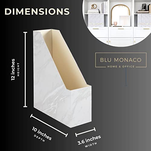 BLU MONACO Set of 4 Magazine Holders | White Marble Design with Gold Label Holders | Foldable File Organizer Boxes for Desk, Office & Classroom | Stylish Paper & Magazine Storage - color: White Gold Marble