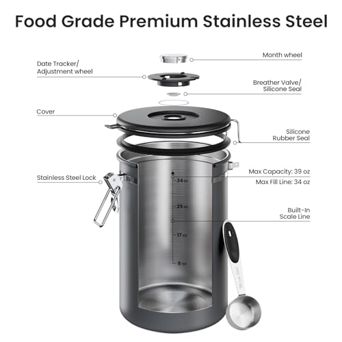 Veken Coffee Canister, 39OZ Large, Airtight Stainless Steel Food Storage Container for 2.2lbs Coffee Beans,Ground, Sugar,Espresso,Rice,Tea,Flour, Pod Baskets, Home Kitchen Bar Accessories, Gifts, Gray - color: Gray, size: 39 oz