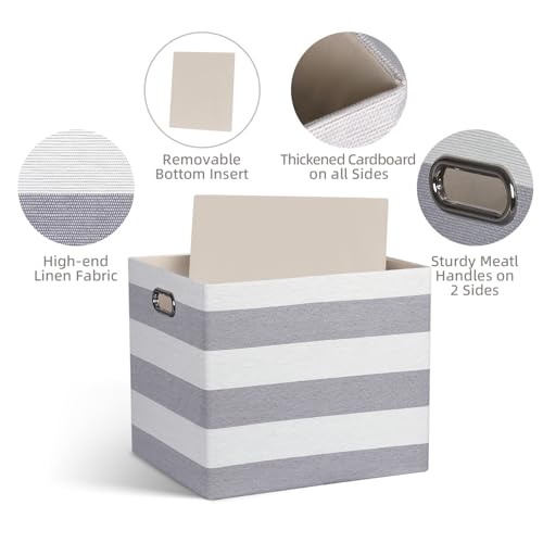 13x15x13 Storage Cube Bins, Foldable Storage Cubes, Fabric Organizer Basket Bin, Striped Containers Decorative Storage Boxes for Shelves Wardrobe Closet Home Office, 4 Pack, Gray/White - color: Gray/White