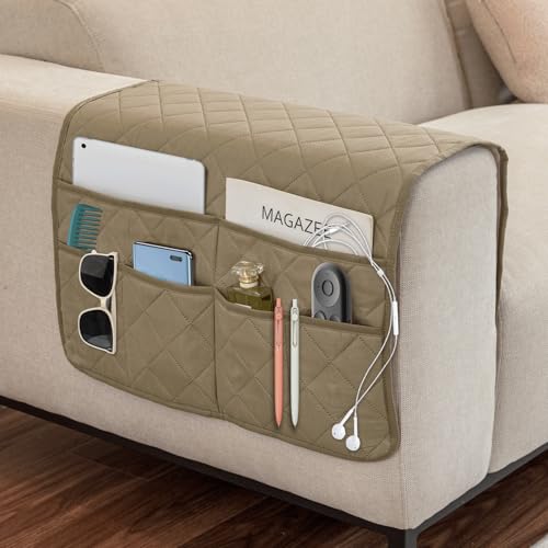 Remote Control Holder for Recliner,Non Slip Armchair Caddy,Sofa Armrest Storage Organizer for Recliner Couch With 6 Pockets for TV Remote,Cell Phone,Magazine - color: Beige