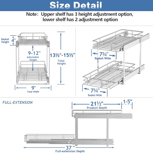 2 Tier Individual Pull Out Cabinet Organizer 9" W x 21½" D, Heavy Duty Cabinet Pull Out Shelves, Slide Out Drawers Organization for Kitchen Cabinets Bathroom - color: 2 Tier, size: 9"W x 21½"D