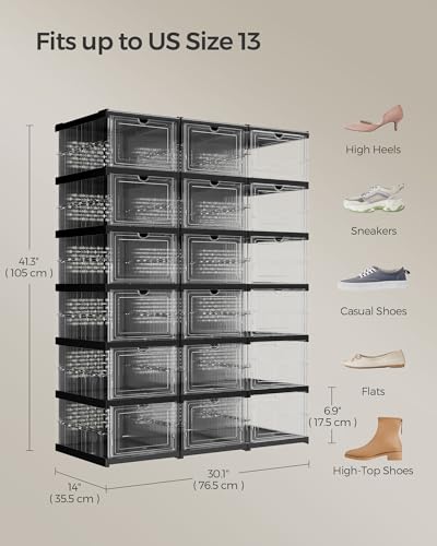 SONGMICS Foldable Shoe Boxes, Pack of 18 Stackable Shoe Storage Organizer, Set of 3 Integraed Shoe Cabinets, Portable, Fit up to US size 13, 60s Assembly, Transparent and Ink Black ULSP207B01 - color: Transparent + Ink Black, size: 6 Tiers (18 Pairs)