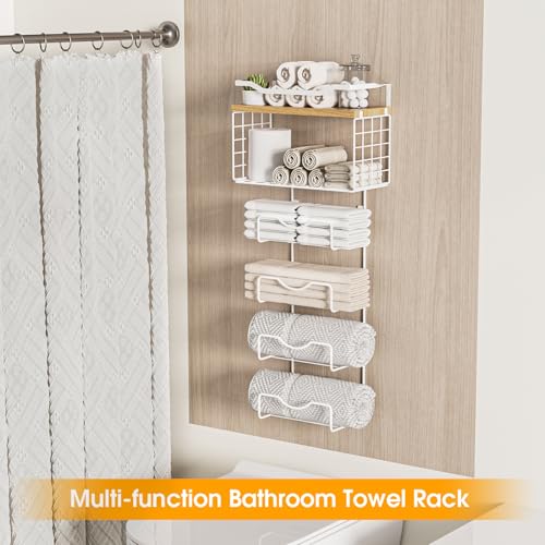 Towel Racks for Bathroom,Towel Rack Wall Mounted, 6 Tier Rolled Or Folded Towel Holder with Floating Shelves, Bathroom Towel Holder for Bath, Hand Towels,White,Walnut Wood Panel - color: Walnut Plack, size: J-type White Rack