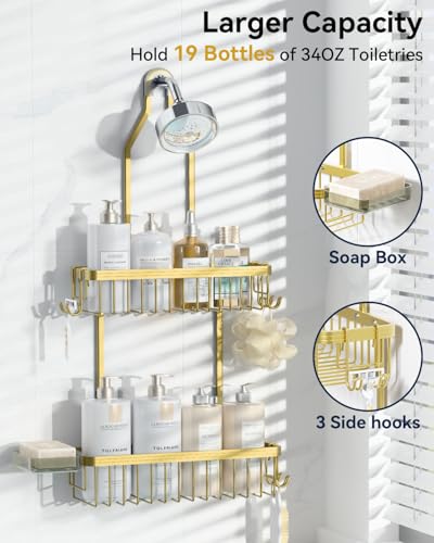 YASONIC Shower Caddy Hanging, Never Rust Shower Organizer Hanging, Aluminum Shower Racks for Inside Shower with Hooks for Razor, Bathroom Organizers and Storage with Soap Holder, Gold - color: Gold