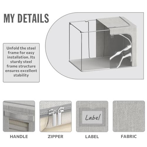 4 Pack Clothes Storage Bins with Metal Frame - 66L Stackable Storage Box with Lid，Foldable Storage Container Organizer for Clothes，Linen Fabric Storage Box with Clear Window＆Zippers＆Handles - color: Light Grey, size: 66L