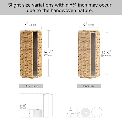 StorageWorks Water Hyacinth Free Standing Toilet Paper Holder Stand for Bathroom, 3 Rolls of Toilet Tissue Storage with a Built-in Cloth Lining, Toilet Roll Holder Stand with Lid - color: Natural（water Hyacinth）, size: 6¾"D(For 3 Roll)