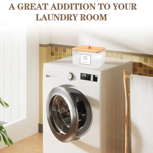 Dryer Sheet Holder - Clear Dryer Sheets Container with Bamboo Lid, 16 Labels and Scoops for Laundry Room Organization and Storage Dryer Sheet, Balls, Clothespins, Pods