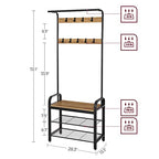 VASAGLE Coat Rack, Hall Tree with Shoe Bench for Entryway, Entryway Bench with Coat Rack, 4-in-1, with 9 Removable Hooks, a Hanging Rod, 13.3 x 28.3 x 72.1 Inches, Honey Brown and Black UHSR040B05 - color: Honey Brown + Black, size: 28.3"W