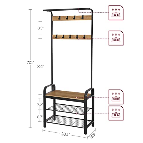 VASAGLE Coat Rack, Hall Tree with Shoe Bench for Entryway, Entryway Bench with Coat Rack, 4-in-1, with 9 Removable Hooks, a Hanging Rod, 13.3 x 28.3 x 72.1 Inches, Honey Brown and Black UHSR040B05 - color: Honey Brown + Black, size: 28.3"W
