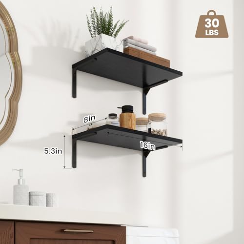 Fun Memories Deep Floating Shelves, 16W x 8D Floating Shelves Set of 2, Wall Mounted Shelf with Metal Brackets, Rustic Wood Wall Shelf for Bathroom, Kitchen and Living Room, Black - color: Black- L Bracket, size: 16"W x 8"D