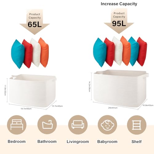 95L Cotton Rope Large Blanket Basket (24" x 16.9" x 14.2") for Living Room, Kids Room & Laundry, Storage Basket with Handle for Organizing Blankets, Pillows, Clothes & Toys, White - color: White, size: 24"x16.9"x14.2"