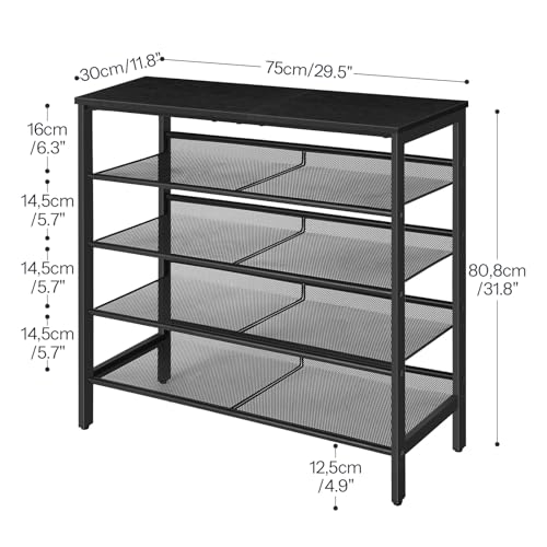 HOOBRO Shoe Rack for Entryway, 5-Tier Shoe Organizer with Adjustable Mesh Shelves, 12-16 Pairs of Shoes, Spacious Floor Mount, Metal, Industrial, Shoe Shelf for Closet, Black BB12XJ01 - color: Black + Black, size: 29.5"W x 11.8"D x 31.8"H