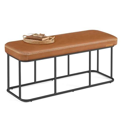 VASAGLE EKHO Collection - Storage Bench for Entryway, Ottoman Bench with Steel Frame, 43.3-Inch Wide, Synthetic Leather, Living Room, Mid-Century Modern, Loads 660 lb, Caramel Brown ULOM085K01 - color: Caramel Brown, style: Steel Frame Bench