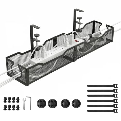 Upgraded 25.2'' Under Desk Cable Management Tray, No Drill Clamp-On Design Wire Organizer, Cable Organization Box for No Damage to Desk, Metal Cord Organizer for Home Office, Black - color: Black