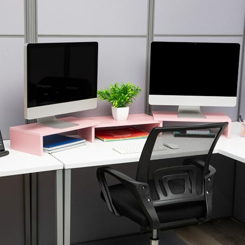 Mind Reader Dual Monitor Stand, Desktop Organizer, Laptop Riser, Office, MDF, 51.25"L x 9.25"W x 4.75"H, Pink - color: Pink
