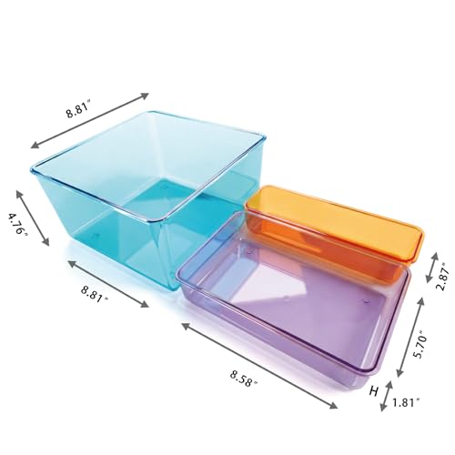 MOSSRIVER 3 Pack Clear Drawer Organizer Set, Plastic Desk Organizer Bin with Lid & Trays, Colorful Storage Box with Removable Trays for Cosmetics, Jewelry, Bedroom, Bathroom, Office, Combo 01 - color: Color 01