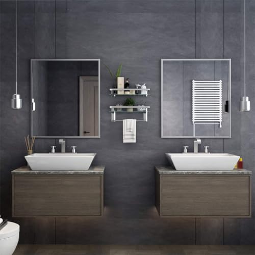 VOLPONE Glass Bathroom Shelf 15.7in Bathroom Shelf Wall Mounted Floating Glass Shelves with Towel Holder Glass Shelf for Bathroom 2 Tier (Sliver) - style: 2 tier with towel bar silver