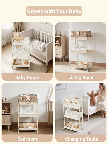 Fortella Baby Diaper Caddy, 3 Tier Rolling Storage Cart for Baby Essentials, Diaper Cart with Detachable Dividers, Storage Organizer & Baby Bottle Organizer for Bedroom, Living Room (Beige)