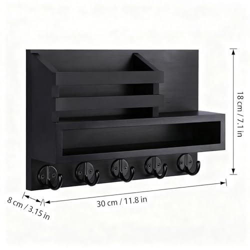 Wall Key Rack - Mail Organizer with 5 Key Hooks, Paulownia Wood, 11.8x7.1 Inches, Apartment Wall Decor, Installation Accessories Included (Black) - color: Black