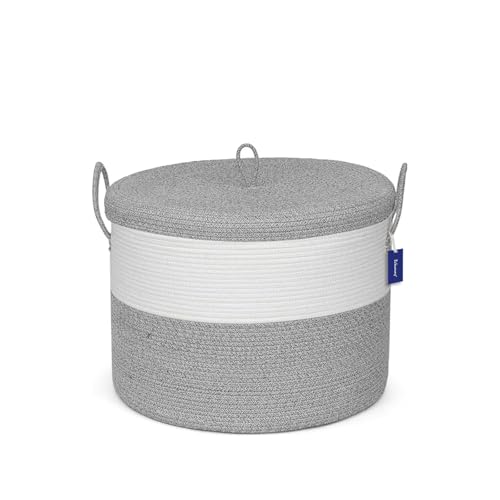 21" x 18" Extra Large storage baskets,Decorative blanket basket with lid for Living room,rope baskets with lid,wicker hamper for bedroom,Big,Round,White & Grey 115L - color: White & Grey