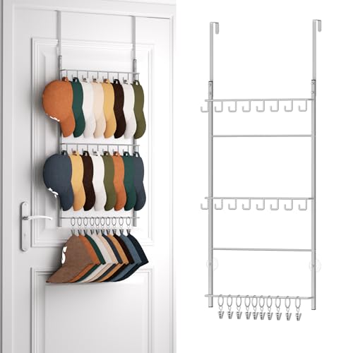 HapiRm Over Door Hat Rack - 3 Tier Wall Mounted Hat Organizer with 16 Hooks and 10 Movable Clips, Cap Hanger Storage up to 26 Caps for Door, Bedroom, Closet USPTO Patent Pending（Silver） - color: Silver, size: 3 Tier