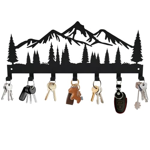Key Holder for Wall, Metal Wall Hooks Organizer Rack with 7 Hooks for Keys, Coats, Bags – Decorative Home Decor for Entryway, Hallway, Kitchen, Living Room (12 Inches, Mountain) - color: Mountain, size: 12 Inch