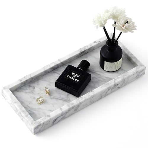 Real Natural Small Marble Tray for Bathroom, Vanity, Kitchen and Desktop, Rectangle Genuine Marble Stone Tray for Jewelry, Cosmetics, Candles, Lotion, Perfume and Home Decor (White, 12" x 5" x 1.2") - color: White, size: 12" x 5" x 1.2"