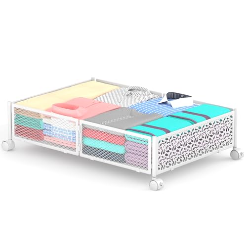 Under Bed Storage With Wheels - 60L Foldable Pattern Carved Metal Container, Rolling Underbed for Shoes, Clothes, Blankets - Easy Assembly - color: White, size: 1 Pack
