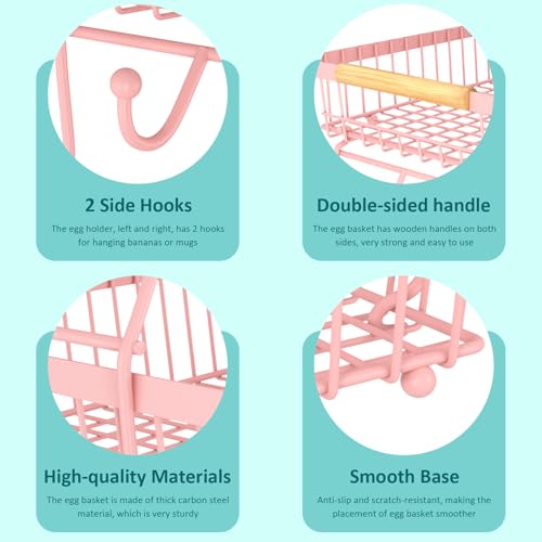 3 Tier Fruit Basket for Kitchen Counter with 2 Banana Hangers, Countertop Metal Fruit Bowl with Wooden Handle, Large Storage Stand for Vegetables, Snacks, Breads, Produce Storage – Pink - color: Pink, size: 3 Tier