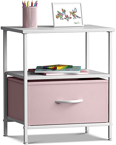 Sorbus 1 Drawer Shelf Storage Nightstand - Kids Bedside Furniture End Table Night Stand with Steel Frame Wood Top & Easy Pull Fabric Bins. Dresser & Chest for Home Bedroom Accessories Office & College - color: Pink, style: 1 Drawer