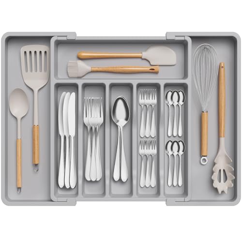 Lifewit Silverware Drawer Organizer, Expandable Utensil Tray for Kitchen, BPA Free Flatware and Cutlery Holder, Adjustable Plastic Storage for Spoons Forks Knives, 13-22 x 15", Grey - color: Gray, size: XL (13-22''W x 15''D)