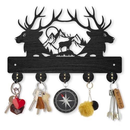 MAYJOYDIY Deer Mountain Forest Coat Hooks Wall Mounted 11.8×7.9inch Black Wooden Deer Key Holder for Wall 5 Alloy Hooks Wall Art Decor Deer Hangers for Towel Key Kitchen Bedroom Entryway Gifts - color: Deer Mountain Forest