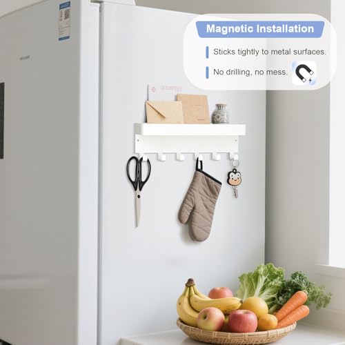 RELBRO Magnetic Key Holder for Fridge, Metal Wall Mount Key Rack with Shelf, 6 Hooks, 2 Installation Options, White - color: White
