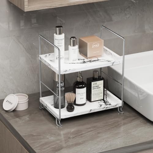 2-Tier Bathroom Organizer Countertop Perfume Makeup Shelf Cosmetics Storage Shelf Display Rack Vanity Dresser,Kitchen Spice Rack,Plastics Imitation Marble Design,Tool-Less Install(Sliver) - color: Imitation Marble,sliver
