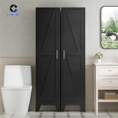 COFaR 67'' Tall Slim Bathroom Storage Cabinet, Metal Narrow Pantry Cabinet with 4 Adjustable Shelves and One Door, Skinny Cabinet Storage for Kitchen Laundry, Black Farmhouse 5 Tiers - color: Black, size: 67 Tall 1 Door