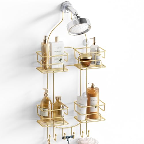 SRIWATANA Shower Caddy Hanging, Bathroom Organizer, No Drilling Shelves Over Shower Head, Bath Rack Holder with Hooks for Razors and Sponge - Gold - color: Gold