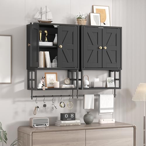 Farmhouse Medicine Cabinet - 3-Tier Wall Mounted Storage Organizer with Adjustable Shelves, Towel Bar, 5 Hooks for Small Bathroom, Laundry Room, Over Toilet, Living Room, Bedroom, Black - color: Black, size: 15.79 inches x 7.87 inches x 24.4 inches
