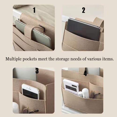 Felt Bedside Caddy, Large Bed Storage Organizer Hanging Bag Holder with Cord Slit,Magazine Book Phone and Remote Caddy for Bed Home Dorm Sofa,Bedside Pouch - color: Beige