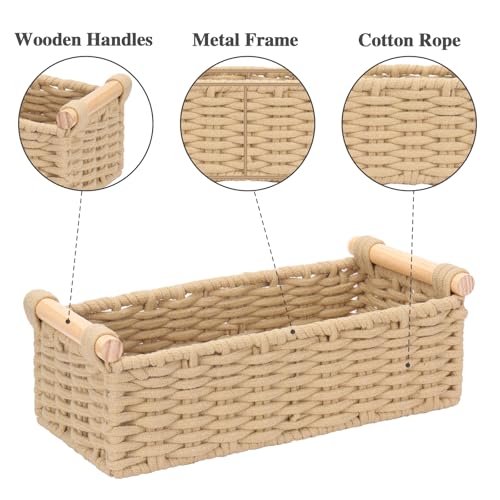 Boho Cotton Rope Storage Baskets Set of 2, Woven Wicker Organizer Bins with Wooden Handles, Small Decorative Boxes for Organizing, Toilet Paper Baskets for Bathroom Countertop, Shelves (Brown 2 Pack) - color: Brown 2 Pack