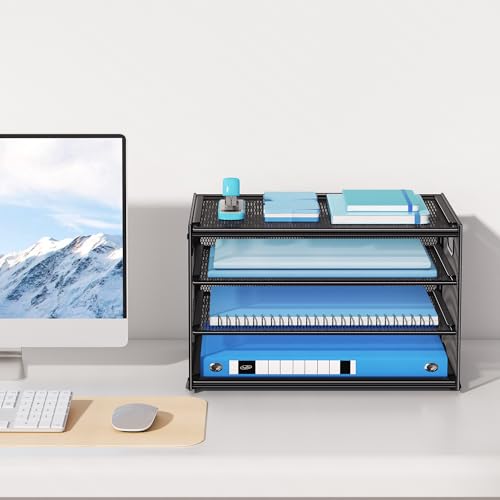 Lavatino 3-Tier Letter Tray Desk Organizer, Mesh Metal Paper File Tray Organizer for Desk, Office Supplies & Home Organization, Fits A4 Paper, Mail, Magazines & Office Accessories (Black with Handle) - color: 4-tier With Handle - Black