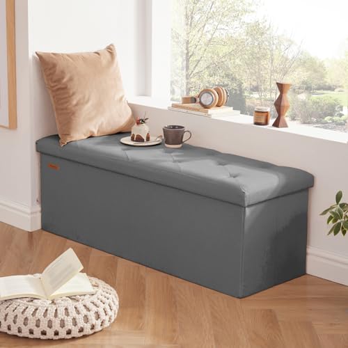 HAUSFRAU Storage Ottoman Bench with Flipping Lid, 43.3 Inches Storage Chest Footsrest, Folding Foot Stool for Entryway, Living Room, Bedroom, Linen Grey - color: Grey, size: 15"D x 43.5"W x 15"H