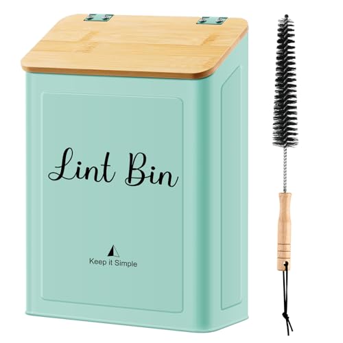 SUBEKYU Metal Magnetic Lint Bin for Laundry Room, Wall Mounted Lint Box Holder with Lid for Dryer,Laundry Room Organization and Storage,Bamboo Lid Lint Basket,Light Green - color: Light Green