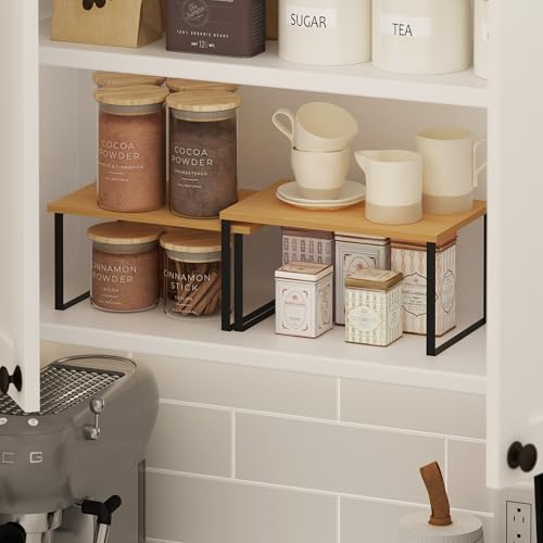Furinno RAVEL Kitchen Countertop Organizer Set of 2, Counter Shelves, Kitchen Storage, Expandable, Stackable, Spice Rack, for Kitchen, Pantry, Coffee Bar, Beech - color: Beech/Black, size: 2-Pack, Nesting