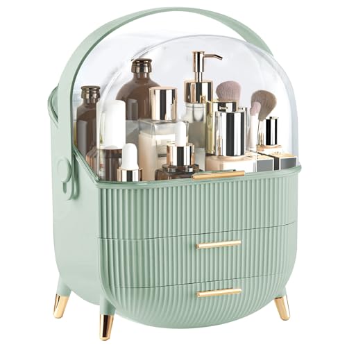 Makeup Organizer for Vanity, Large Capacity Skincare Cosmetic Organizer Countertop with 2 Drawers, Cosmetic Display Cases Makeup Storage Box for Bedroom, Bathroom, Ideal Gifts for Women(Green) - color: green new