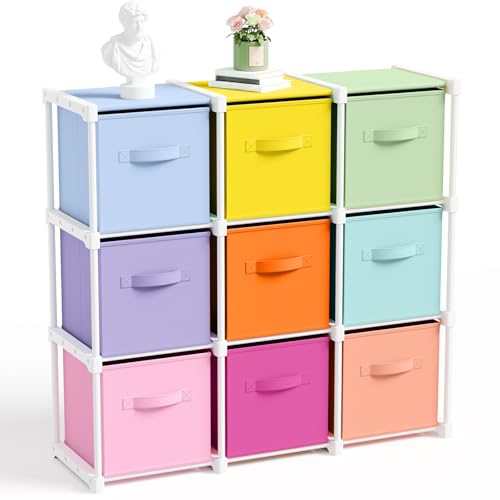Briwooody 9 Cube Storage Organizer Bins with Shelf 11'' Toy Storage Box Back to School Dorm Organizers Fabric Unit for Playroom Book (Macaron Colors) - color: Macaron Colors