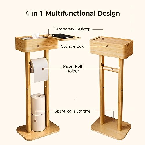 Wealone 4-in-1 Toilet Paper Holder Stand with Storage Shelf Box, 360° Rotating Bamboo Free Standing Toilet Tissue Roll, Toilet Wipes Dispenser Organizer Desktop for Bathroom Decor (Patented) - color: Natural