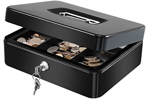 KYODOLED Large Cash Box with Removable Money Tray, Key Lock Metal Storage Box with 2 Keys & Portable Handle, Safe Cash Drawer, 9.84"x 7.87"x 3.54", Black Large - color: Black, size: Large
