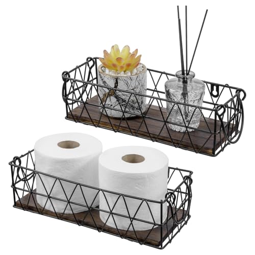 MyGift 2 Piece Wall Mounted Black Geometric Metal Nesting Storage Basket with Rustic Solid Burnt Wood Base, Small Tabletop Decorative Metal Wire Bins with Handles - color: Black