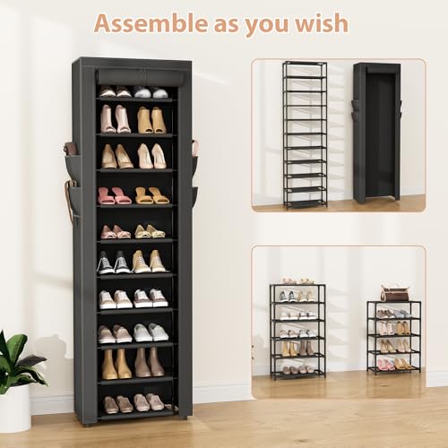 VTRIN Vertical Narrow Shoe Rack Organizer 10 Tier Tall Shoe Shelf Holds 20-22 Pairs with Non-Woven Dustproof Cover for Closet, Entryway Black - color: Black, size: 17.7"W x11.8"D x 68.9"H